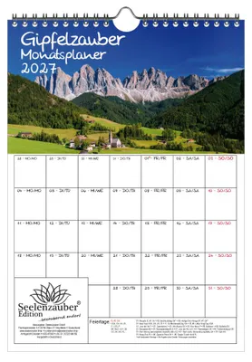 Produktbild von Gipfelzauber Planer DIN A4 Kalender für 2027 Berge und Gipfel - Seelenzauber