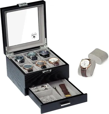 Produktbild von Uhrenbox Slege Uhrenbox aus Holz, handgefertigt, elegante Uhrenbox mit 6 Fächern, Uhrenvitrine mit Schublade, Uhrenkeller für Herren, Schmuckschatulle