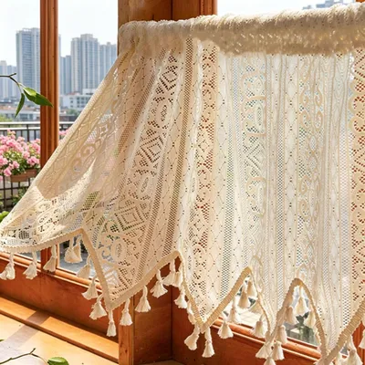 Produktbild von 132*45cm Boho Gardinen Küche Quasten Vorhänge Kurz, Vintage Küchengardinen Küchenvorhang Fenstervorhang Scheibengardine Fenster, Farbe: Creme