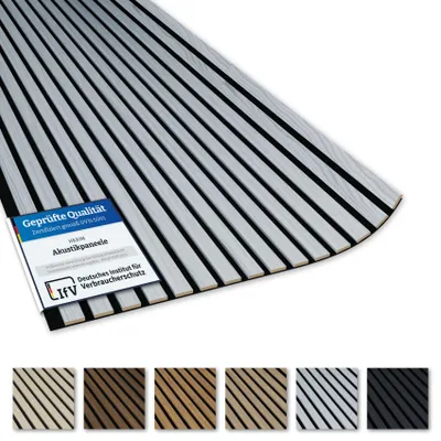 Produktbild von AKUSTIKO Lamella Akustikpaneele 4 Stück 280x60cm - flexible Filz MDF Wandpaneele fugenlos - überlappende Holz Lamellenwand, Paneel grau - Akustik Wandverkleidung (6.72m² Grey Ash)