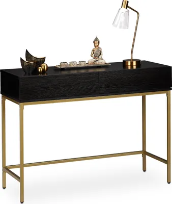 Produktbild von Relaxdays Konsolentisch, 2 Schubladen, Sideboard Flur, Wohnzimmer, Ablagetisch Holzoptik, HBT 80x110x40 cm, schwarz/gold