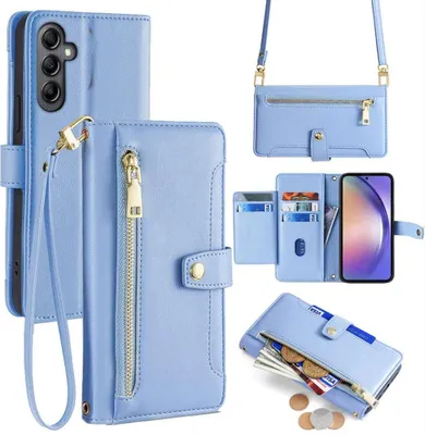 Produktbild von Handykette Samsung Hülle mit Band Handyhülle Kartenfächer Kunstleder Umhängetasche Galaxy A34 Hellblau