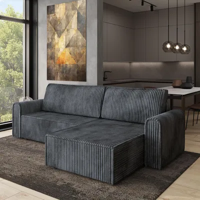 Produktbild von Masseno Ecksofa VALTINO mit Schlaffunktion L-Form, Sofa mit Bettkasten, Wohnzimmersofa, Couch, Soffa, Bettsofa, Couchgarnitur- Grau, TILIA 90