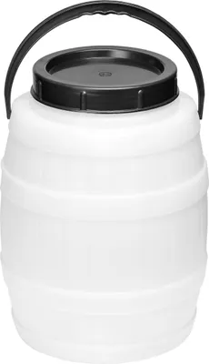 A white plastic barrel with a black lid and handle.