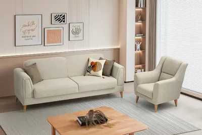 Produktbild von Beige Wohnzimmer Polstergarnitur Designer 3-Sitzer Textilsessel 2tlg