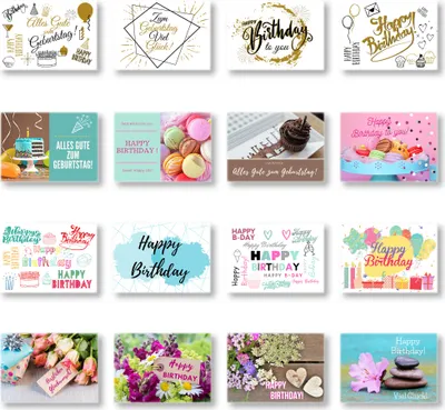 Produktbild von Domelo Geburtstagskarten 16er Set mit Umschlag, Happy Birthday Postkarten, Kraftpapier Karten zum Geburtstag, Geburtstagskarte für Mann/ Frau/ Kinder, Postkarte als Grußkarten