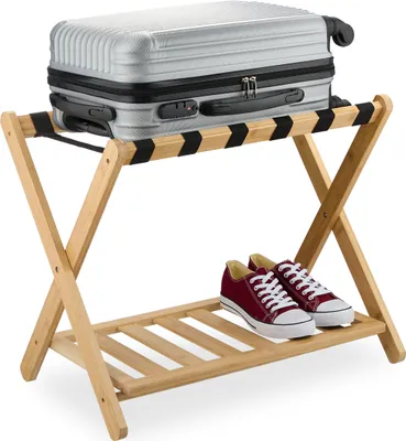Immagine prodotto di Portavaligie Relaxdays, pieghevole, in bambù, L x P x A: 56 x 68,5 x 41,5 cm, portavaligie con ripiano, portavaligie da hotel, colore naturale