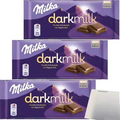 Produktbild von Milka Dark Milk Dunkle Alpenmilch Schokolade 3er Pack (3x85g Tafel) + usy Block