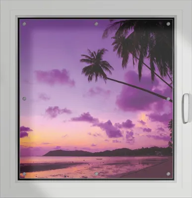 Produktbild von Wallario Lichtschutzbild, Dekorativer Sichtschutz Sonnenschutz 96 x 93 cm mit Motiv: Sonnenuntergang unter Palmen  Himmel in lila und orange - Verdunklung ohne Bohren