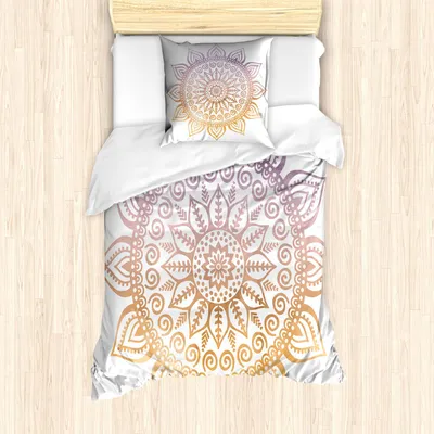 Obrázek produktu pro ABAKUHAUS Sada povlečení Mandala, etnický dekorativní motiv slunce a květin, 135 x 200 cm + 80 x 80 cm, bledě oranžová jantarová barva