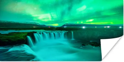 Produktbild von MuchoWow® Poster Wasserfall - Island - Nordlichter 40x20 cm - Poster für die Wand - Poster Schlafzimmer
