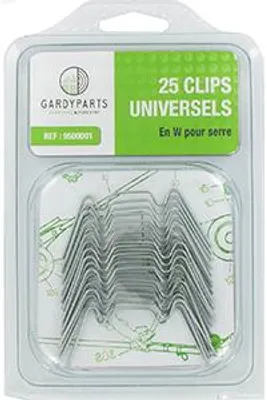 Produktbild von Set aus 25 universellen W-Klammern zur Befestigung von Glas- oder Polycarbonatplatten an einem Gewächshausrahmen.
