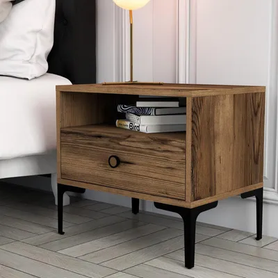 Image de Table de Chevet sur Pieds Métalliques - 56 x 51 x 40 cm - Noyer