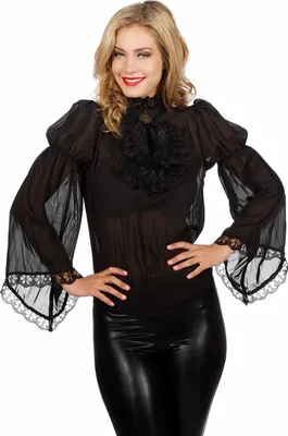 Produktbild von W4204B-48 schwarz Damen Piraten-Gothic Spitzenbluse-Rüschenbluse Gr.48