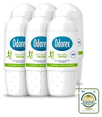 Imagen del producto de 6 roll-on desodorantes Odorex, aroma natural "Fresh", 50 ml cada uno, pack de 6 unidades