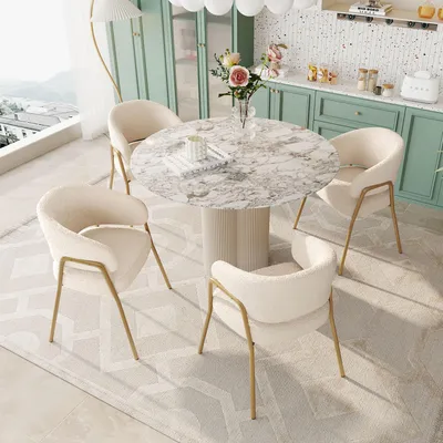 Produktbild von Esszimmerstuhl Modern Lammfell Samt Weiß Goldene Beine Spraygold 4er Set 49x48x78cm
