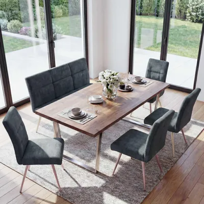 Produktbild von Esszimmer-Set MCW-G55, 4er-Set Stuhl + Sitzbank 180cm, Edelstahl gebürstet Stoff/Textil Chenille blau-grün