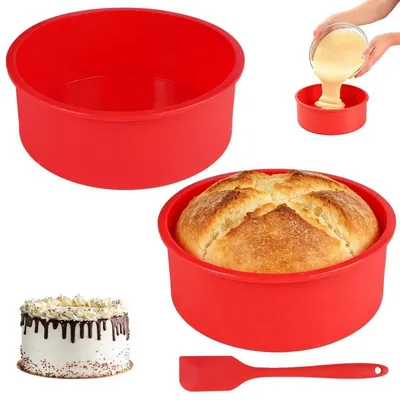 Immagine prodotto di 2 stampi in silicone rotondi piccoli da 15 cm, colore rosso, con spatola