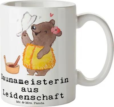 Produktbild von Mr. & Mrs. Panda Tasse Saunameisterin Leidenschaft - Weiß - Geschenk, Kaffeebecher, Kaffeetasse, Keramiktasse, schöne, Bedruckte