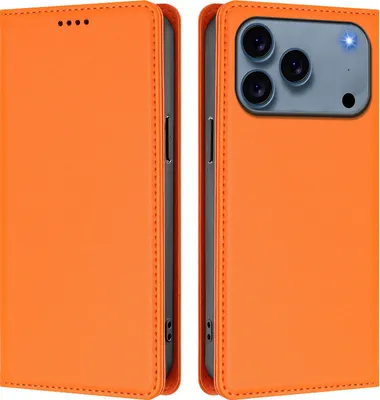 Image de Etui en cuir pour iPhone 17 Pro, étui magnétique en cuirPolyuréthaneavec support Orange