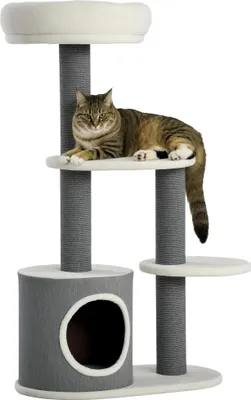 Produktbild von Weiß-Graue Kratzbaum mit Katzenhöhle, Katzenbett, 2 Plattformen und Jute-Seilpfosten für Katzen