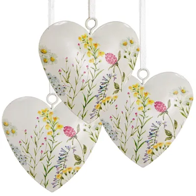 Produktbild von 3 kleine Metallherzen - weiß bunt floral Herz Anhänger 6 x 7 cm