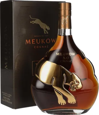A bottle of Meukow XO Cognac with its presentation box.