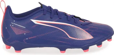 A single blue Puma Ultra 5 Play FG/AG Junior soccer cleat is shown against a white background.
