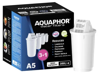 Immagine prodotto di Cartuccia filtrante AQUAPHOR A5, confezione da 3+1. Filtra calcare, cloro e metalli pesanti