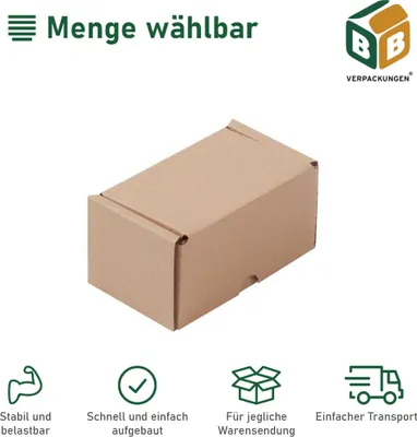 Produktbild von 100 x Faltkarton (120 x 77 x 63 mm) stabil 1-wellig Versandkarton Päckchen DHL Hermes Schachtel Box Paket braun BB-Verpackungen