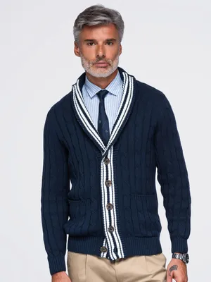 Image de OMBRE, pull pour homme, modèle V-1, référence OM-SWCD-0196, couleur bleu marine/blanc, taille XL