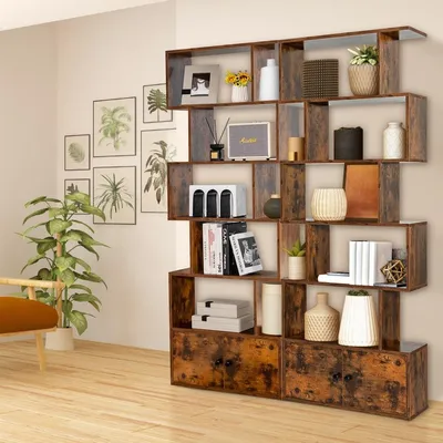 Image de Bibliothèque avec portes et étagère sur pied à 5 niveaux en bois 183 x 70 x 23 cm séparateur de pièce marron
