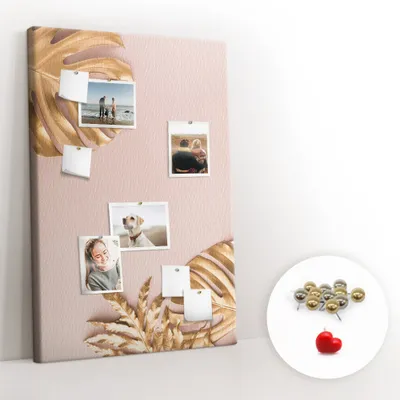 Obrázek produktu pro Korková nástěnka s kolíčky - Tabule s kolíky pro fotografie a poznámky - 80x120 cm - Připínáčky kovové 100 kusů - Zlatý list