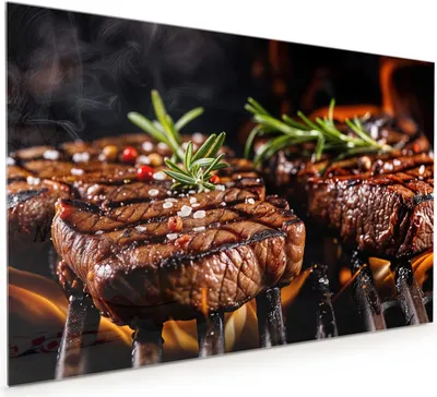 Produktbild von Küchenrückwand Spritzschutz Glas mit Motiv Gegrillte Steaks 40 x 40 cm