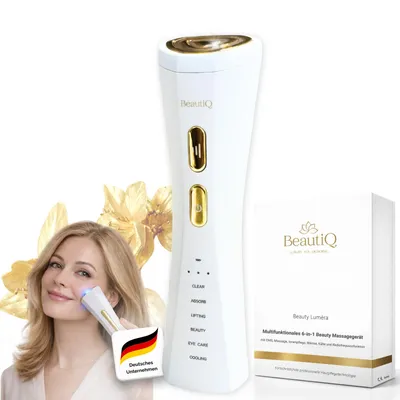 Produktbild von Gesichtsmassagegerät Lumèra - 6 Funktionen in 1 Gerät gegen alternde Haut, EMS & Radiofrequenz, Anti-Aging, Echtgoldaufsatz für Wärme-/Kälteleitung, KI-generiertes Bild