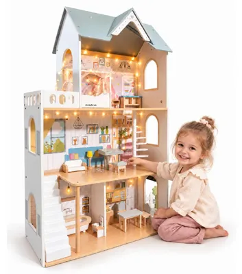 Produktbild von Mamabrum Holz-Puppenhaus mit 3 Etagen, Möbeln und Garten, 123,5 cm hoch, mit 19 Zubehörteilen und LED-Lichterkette für Puppen von 15-20 cm
