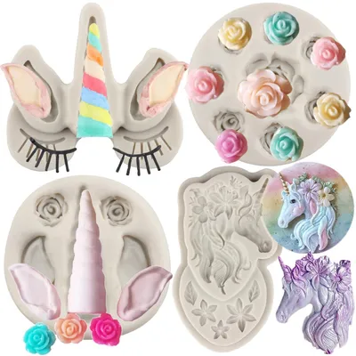 Immagine prodotto di Set di 4 stampi in silicone a forma di unicorno, ideali per decorare torte e dolci