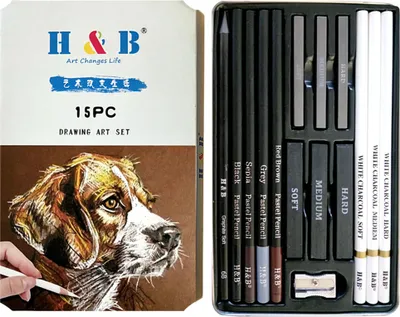 Zdjęcie produktu dla H & B 15 sztuk / zestaw przyborów do rysowania, zestaw do rysowania, białe ołówki, węgiel drzewny i pastele, zestaw narzędzi do rysowania