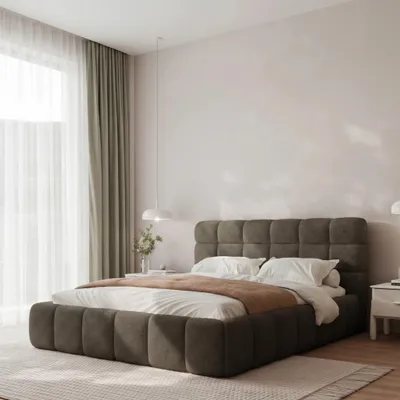 Obrázek produktu pro Čalouněná postel BORIO 140x200 v barvě kávově hnědé s úložným prostorem a roštem