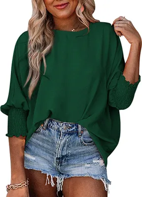 Image de ASKSA T-shirt manches bouffantes col rond femme chemisier d'été élégant unicolore lâche manches courtes tunique haut (vert,S)