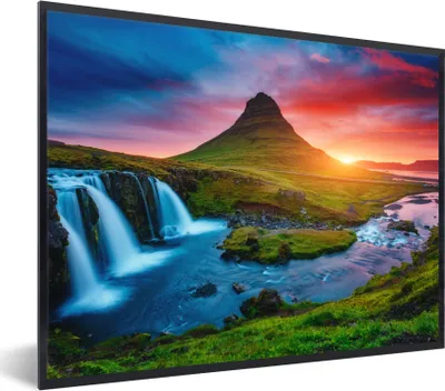 Produktbild von MuchoWow® Gerahmtes Poster Wasserfall - Berg - Moos - Sonnenuntergang - Natur 80x60 cm - Poster mit Schwarzem Bilderrahmen Wandposter Rahmen Foto Bilder - Schwarzem - Mit Gestell