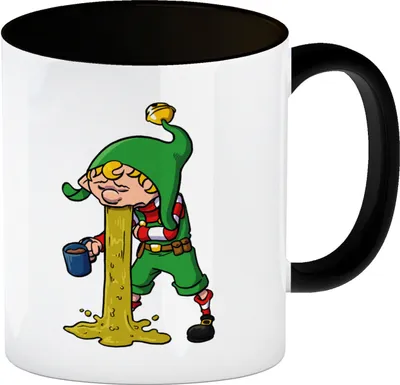 Produktbild von Kotzender Weihnachtswichtel mit Glühweintasse Weihnachten Kaffeebecher Schwarz