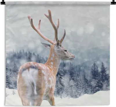 Produktbild von MuchoWow® Wandteppich Wandbehang Winter - Hirsche - Tiere 60x60 cm Tapisserie Dekoration Wandtuch - Dekorationen - Wand Decke