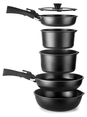 Produktbild von Kompaktes Set, 9-teilig, Bratpfannen 20-26 cm, tiefe Pfanne 26 cm, Stielkasserolle 18-20 cm, Deckel 20-26 cm, 2 abnehmbare Griffe, PFAS-frei, Aluminiumguss, stapelbar, leicht zu lagern