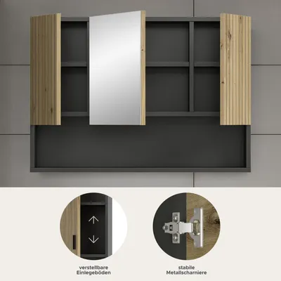 Produktbild von Mone Spiegelschrank Bad 2 Türen, 1 Spiegeltür, 1 Regal Eiche Nachbildung, dunkelgrau.