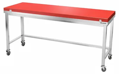 Obrázok produktu pre Pracovná doska z nehrdzavejúcej ocele, rozmer 1800 x 600 mm, s červenou odmerovacou doskou a podperami na kolieskach, PREMIUM – GOLDINOX
