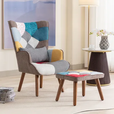 Produktbild von Merax Ohrensessel mit Hocker, Relaxsessel Lehnstuhl Fernsehsessel Bunt Armlehnensessel Polstersessel Relaxsessel Cocktailsessel Stilvolles Design