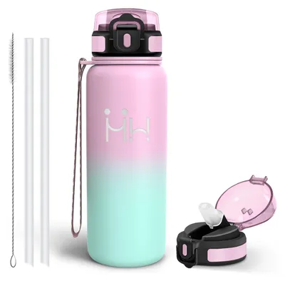 Produktbild von Edelstahl Trinkflasche 750ml mit Strohhalm, Wasserflasche, Mulbijeo, grau