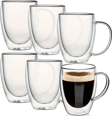Produktbild von Doppelwandige Gläser | 340 ml mit Henkel | 6 Stück | Latte Kaffee Thermo Becher Tee Thermogläser für Cappuccino Macchiato Tee Kaffeegläser Glastasse