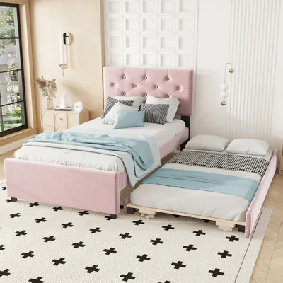Produktbild von MODFU Polsterbett 90×200 cm mit ausziehbares Rollbett 90×190cm, Kinderbett Jugendbett mit Lattenrost, Rosa (Ohne Matratze)